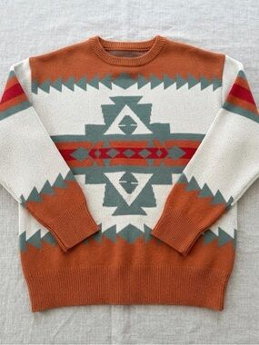 Mazik Women's Geometric Crewneck Sweater - Rust, Cream & Teal Accents